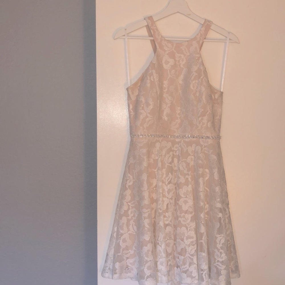 Floral White Lace and Pale Pink Engagement Dress